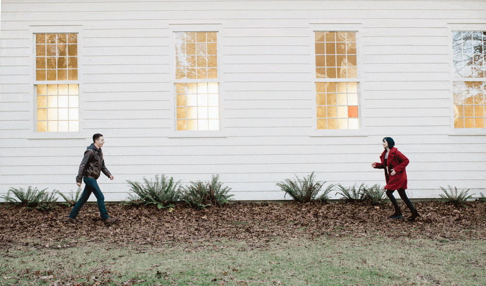 Seattle Engagment Couple running towards each other
